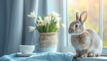 Cute little rabbit sitting on window sill with bouquet of daffodils