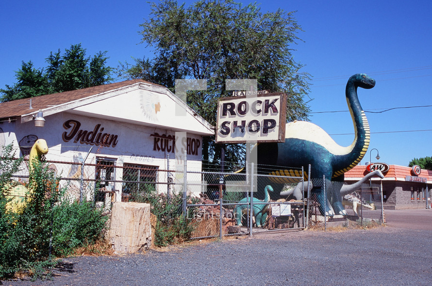 rock shop and dinosaur statues 