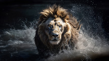 A lion launches out of the water. 
