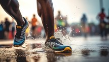 Close up of running shoes. Runner feet running on wet asphalt road.