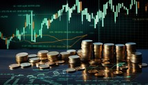 Investment concept, Coins graph stock market with candle stick background.