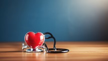 Stethoscope and red heart on a wooden table with blue background