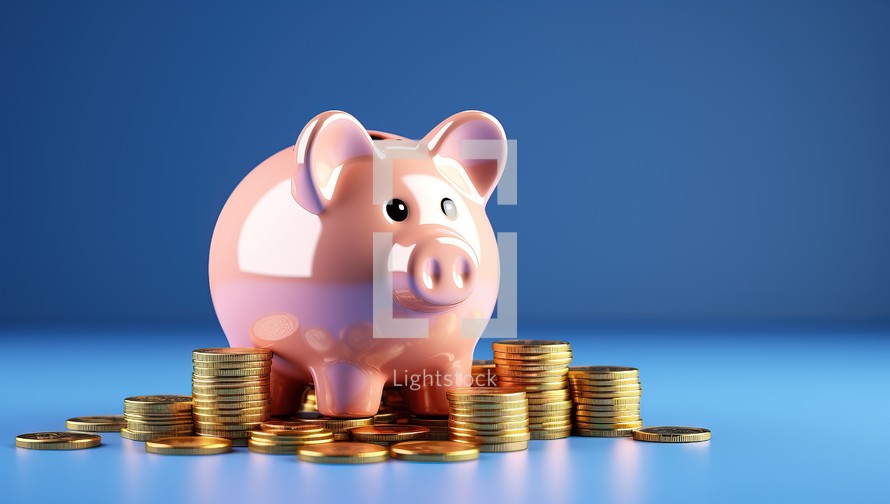 Piggy bank with coins on blue background.