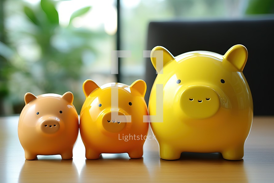 Piggy bank on wooden table in office. Saving money concept