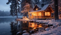 Beautiful wooden house on the lake at night. Winter landscape.
