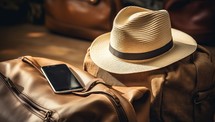 hat and smart phone on brown bag background. vintage tone. travel concept