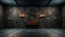 empty room with brick wall and wooden bench
