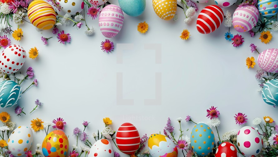 Colorful easter eggs and flowers on white background with copy space