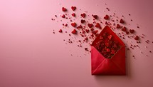 Valentine's Day concept. Red envelope and red hearts on pink background.