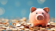 Piggy bank with coins on bokeh background.