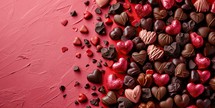Chocolate candies in heart shape on red background. Valentines day concept.