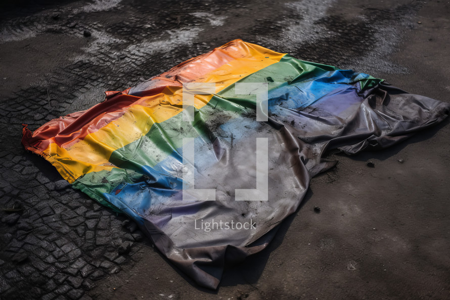 A colorful flag lying on the ground