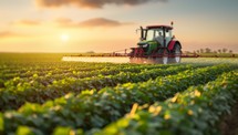 Tractor spraying pesticides on soy field at sunset. Modern agriculture, farming and technology concept.