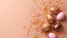 Colorful easter eggs with sprinkles on pastel pink background