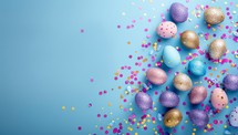 Colorful Easter eggs on blue background with confetti