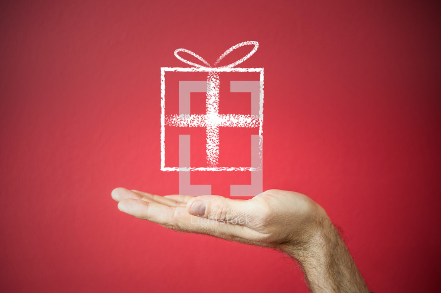 a chalk outline of a gift tied with a bow, supported by an outstretched hand on a red background
