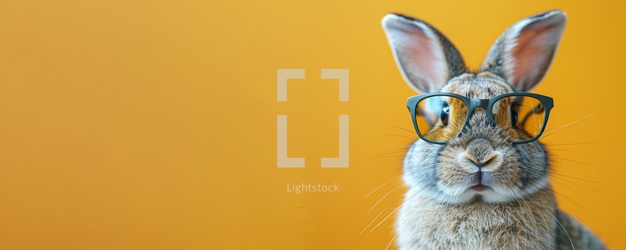 Easter bunny wearing eyeglasses on yellow background with copy space.