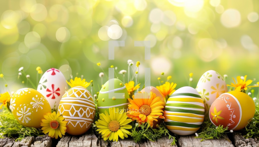 Colorful Easter eggs and spring flowers on wooden surface, festive nature background