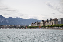 marina and buildings along a shoreline in Switzerland 