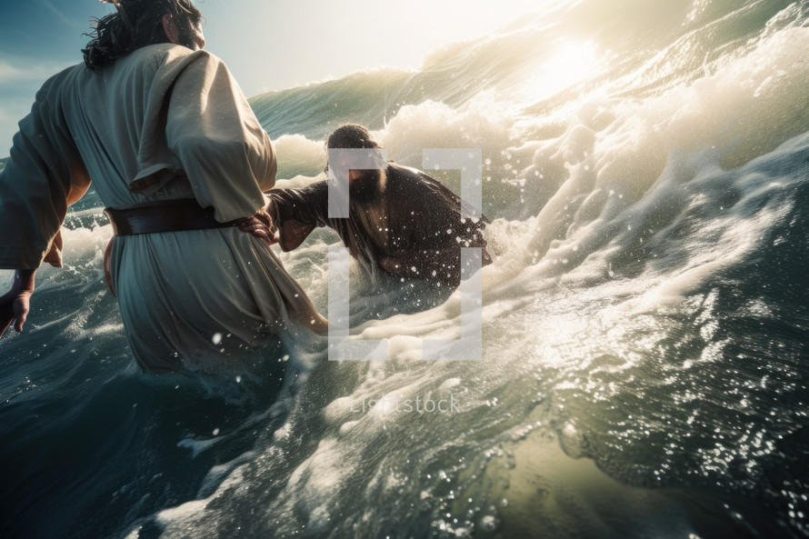 Jesus saving Peter from the waves