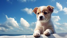 Cute puppy with blue sky and clouds on the background