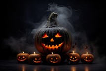 Halloween pumpkins with candles and smoke on black background, 3d render