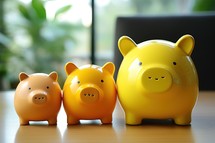Piggy bank on wooden table in office. Saving money concept