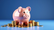 Piggy bank with coins on blue background.