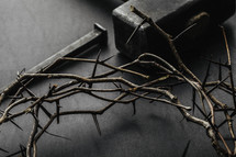 A crown of thorns, hammer, and nail.