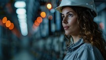Portrait of a female worker wearing a safety helmet and looking away