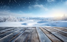 Winter landscape with wooden planks and snowfall. Christmas background.