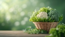 Cauliflower and green lettuce in a basket on wooden table with bokeh background