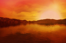 a toned sunset with hills and water