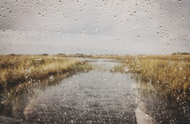 a subdued rainy landscape through a window