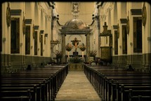 interior of a Guatemala cathedral - altar, pews, aisle 