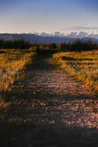 dirt path leading to snow capped mountains 