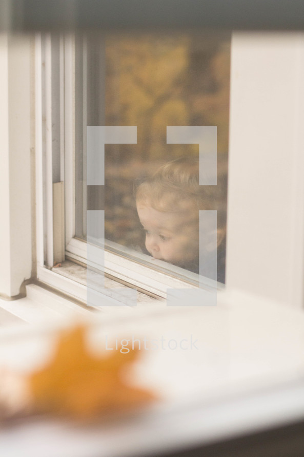 toddler looking out a window 