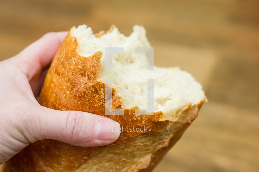 Hand holding loaf of bread.