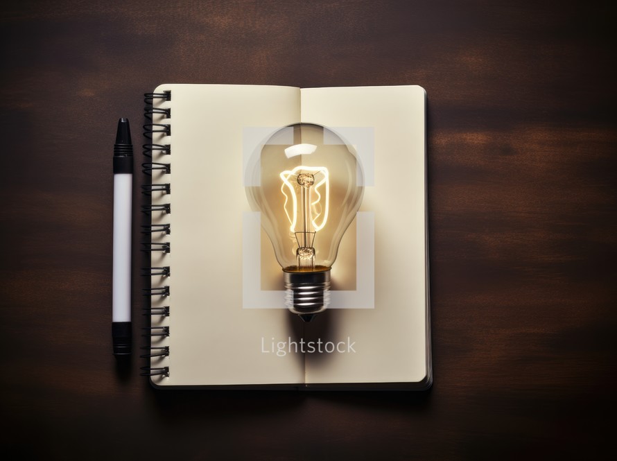 Light bulb with notebook and pen on wooden background. Idea concept.