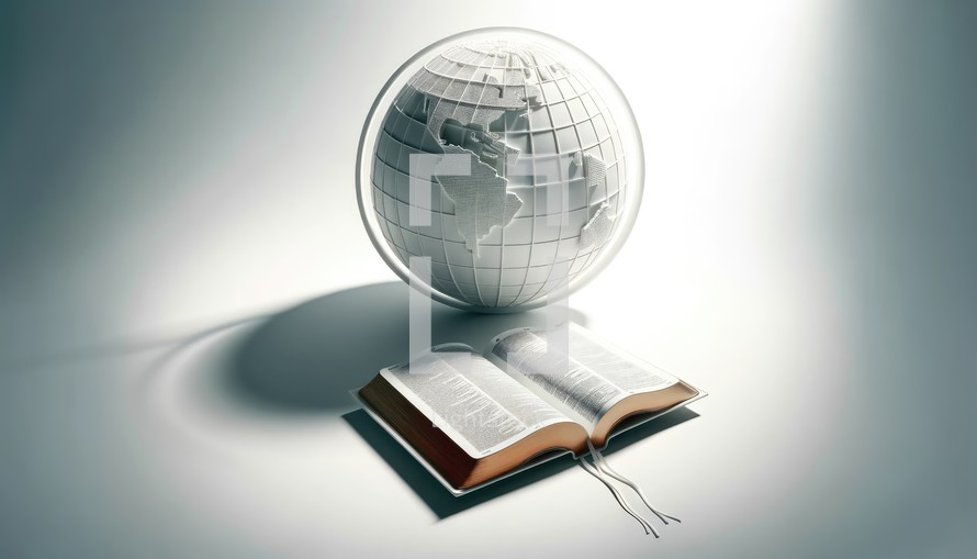 Religious global mission: Spreading the word. Globe and open book or bible on white background. Vector illustration.	