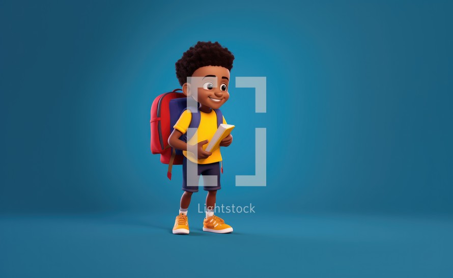Cute african american schoolboy with backpack and book, 3d rendering