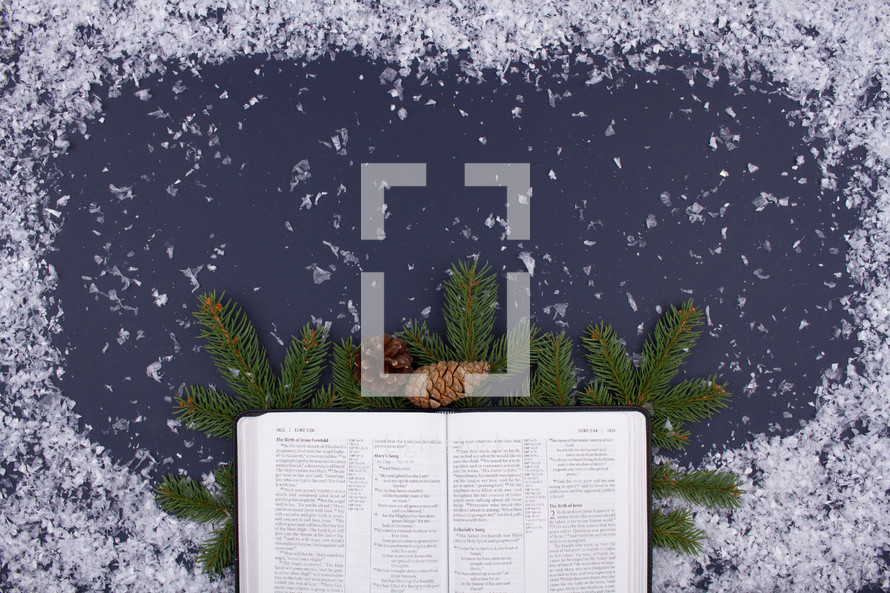 snow border and open Bible 