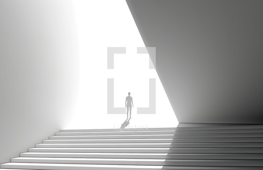 Silhouette of a man walking up the stairs in a white room