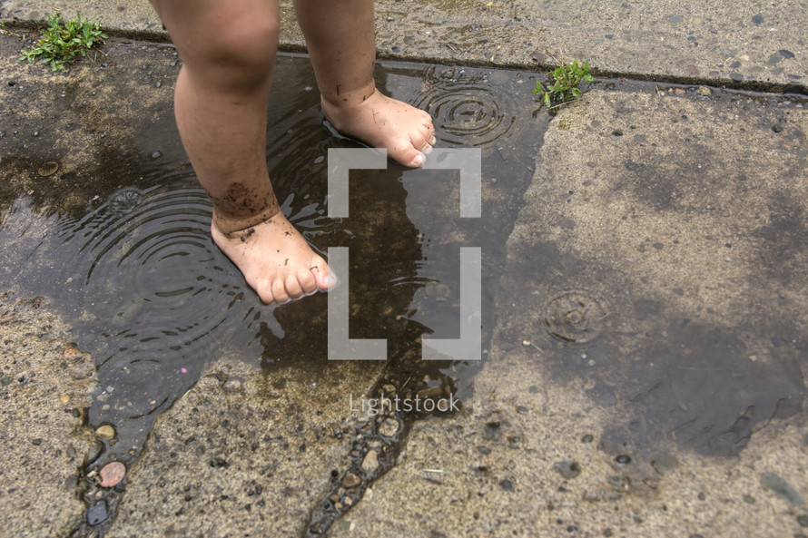 toddler's bare feet in a puddle 