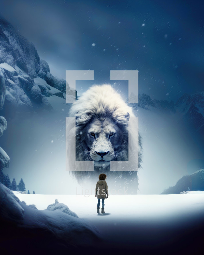 Little boy and Jesus, the lion in snowy landscape.