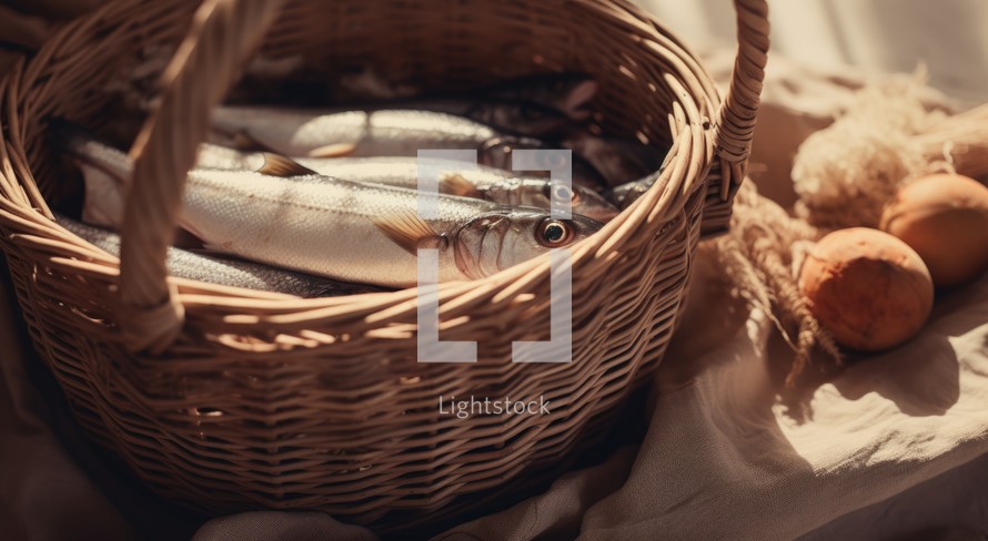 "Feeding the multitude". Fresh fishes in a wicker basket on a light background