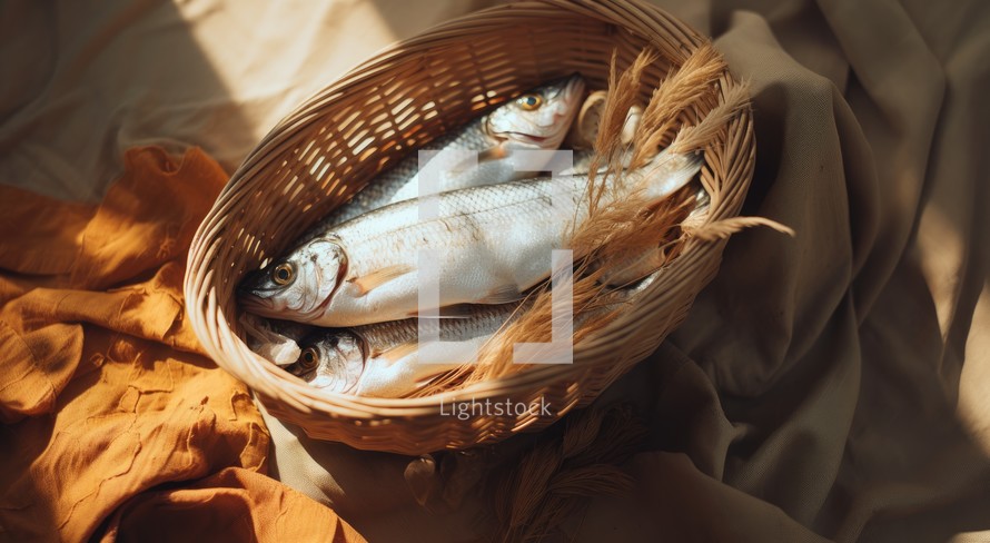 "Feeding the multitude". Fresh fishes in a wicker basket on the background of yellow fabric