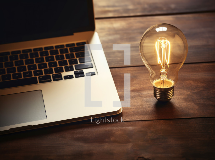 Laptop and light bulb on wooden table. Business idea concept.