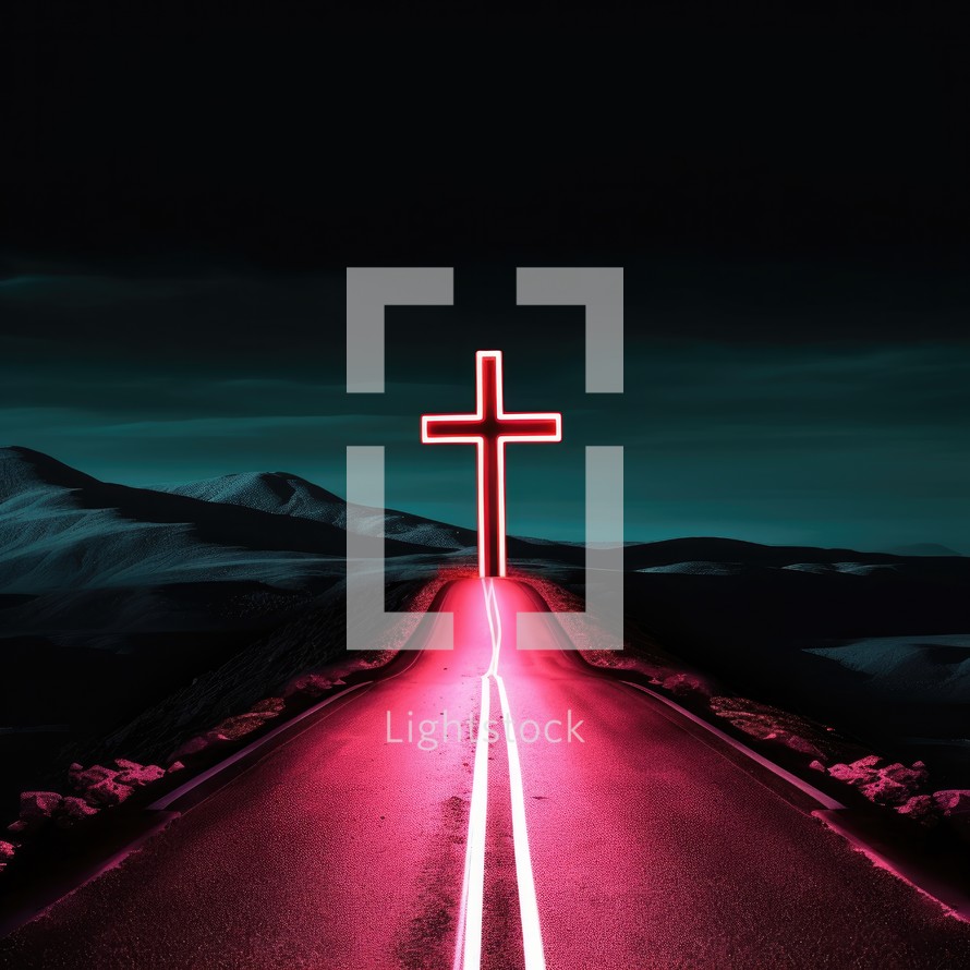 Cross on the road in the mountains. Neon lights.