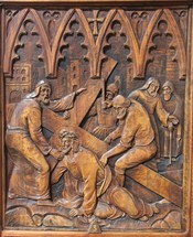 wooden carving, stations of the cross 3 - Jesus falls the first time 